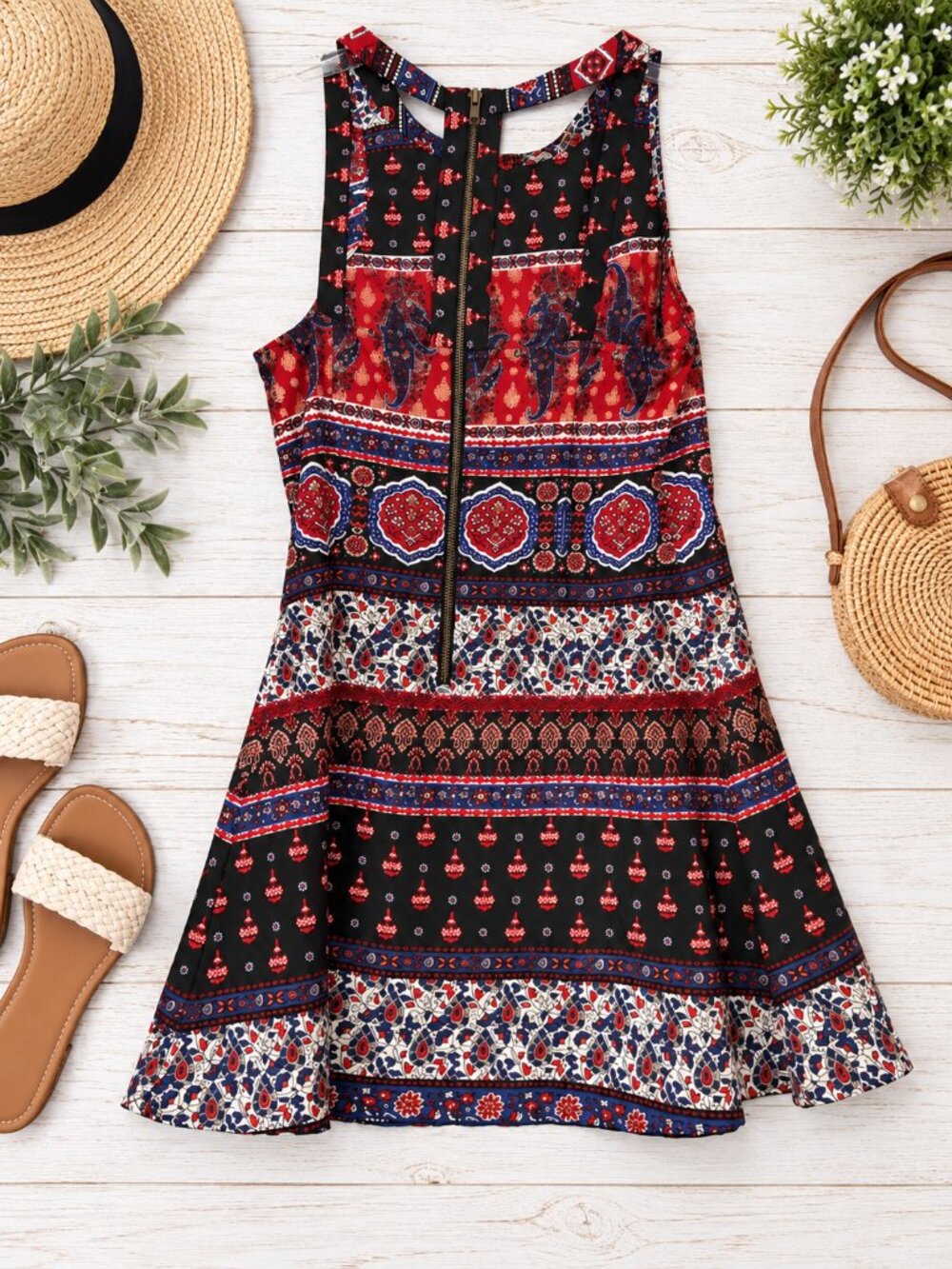 En Creme Boho Paisley Print Sleeveless Fit & Flare Dress Size Small